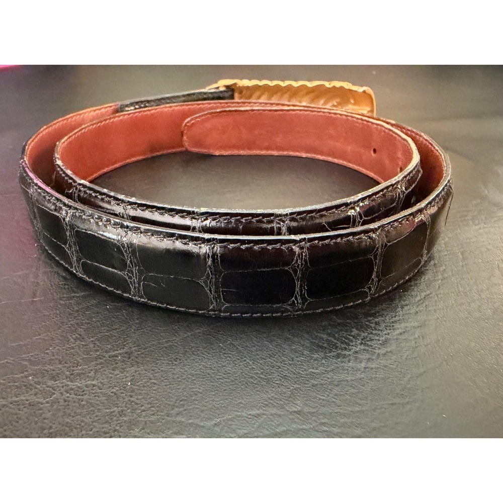 Vicenza Genuine Alligator Belt Women Black Gold Tone Vintage Ribbed Buckle 37.5" - Picture 5 of 11